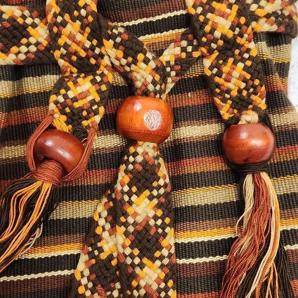 Handwoven Boho Woven Bucket Crossbody Bag Tribal Stripe Wood Bead Tassels - Picture 4 of 10